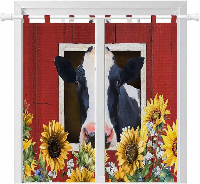 Cow Sunflowers Living Room Curtains 84 Inch Length, Window Curtains Tab Top, Botanical Floral Leaves Bees Farm Barn Light Filtering Window Treatments Drapes 42"x84" 2 Panel