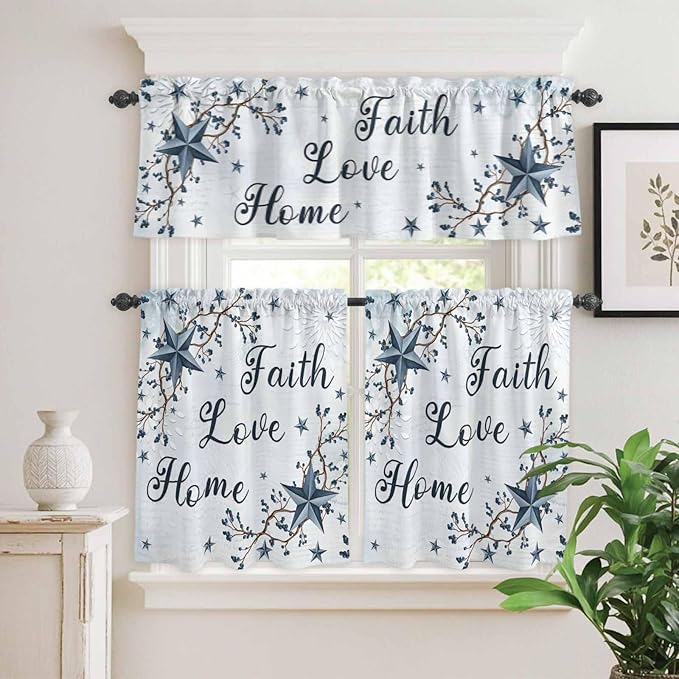 Texas Star Country Kitchen Curtains Set 3 Piece for Windows, Rod Pocket Valance and Tier Set 24 Inch Length, Blue Farmhouse Branches Light Filtering Cafe Curtains for Living Room Bathroom