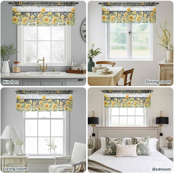 Summer Floral Sheer Valance Curtains, Watercolor Sunflower Eucalyptus Leaves Black Wood Grain Light Filtering Kitchen Valances Rod Pocket Voile Curtain for Bedroom/Living Room/Basement 42Wx12L