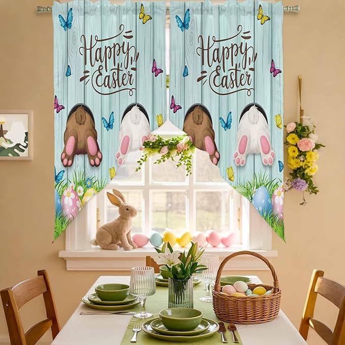 Swag Curtain Valances for Kitchen Windows,Happy Easter Bunny Butt Egg Floral Short Rod Pocket Window Valance,Spring Plant on Aqua Wood Swag Topper for Bedroom Living Room,2 Panels 36x63in