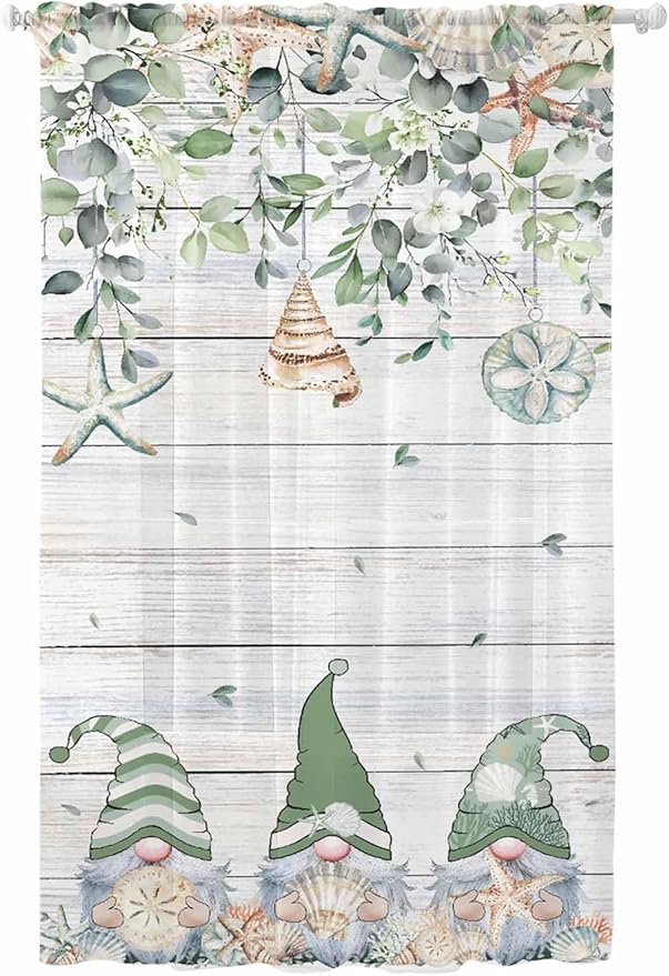 Sheer Curtains 108 Inches Long, Coastal Eucalyptus Leaf Semi Sheer Curtains Light Filtering Window Treatment, Sage Green Gnomes Starfish Privacy Voile Drapes for Living Room Bedroom 52x108 Inch