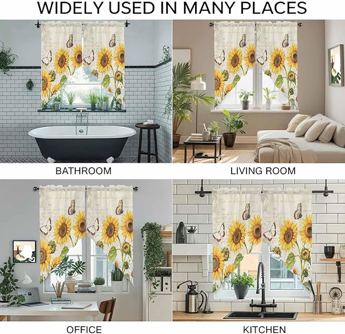 Farm Sunflowers Swag Valances for Windows, Retro Flowers Butterfly Botanical Beige Rod Pocket Kitchen Curtains Valance, Small Window Curtains Swag for Cafe Bathroom Living Room, 2 Panels, 28x36 inch