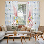 Easter Window Curtains 72 Inch Long 2 Panel Set, Rod Pocket Long Curtains & Drapes, Spring Rabbits Ears Feet Floral Blue Lattice Light Filtering Window Treatment for Bedroom Living Room 52"W x 72"L