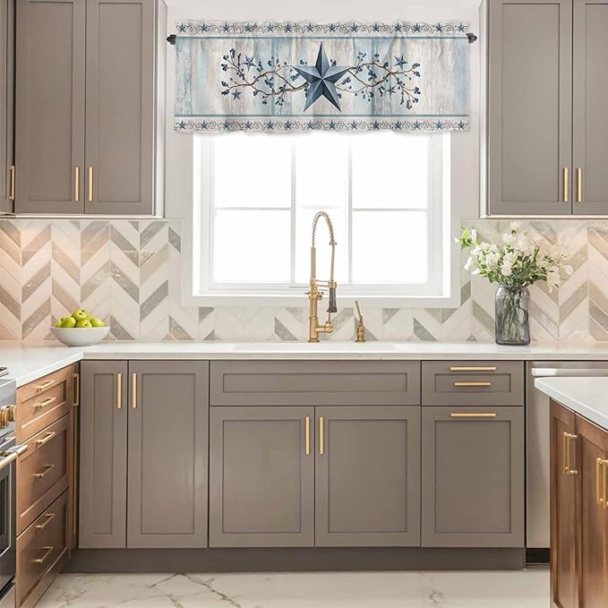 Blue Texas Star Valances for Windows, Vintage Star Berry Blue Beige Wood Grain Kitchen Valance Light Filtering Rod Pocket Short Curtains for Kitchen Bathroom, 1 Panel, 54"x18"