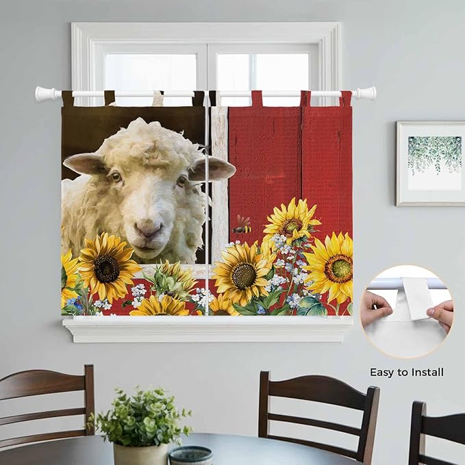Sheep Flowers Kitchen Curtains 45 Inch Length, Short Cafe Window Curtains Tab Top, Country Red Barn Botanical Sunflowers Light Filtering Window Treatments Tier Drapes 27.5"x45" 2 Panel