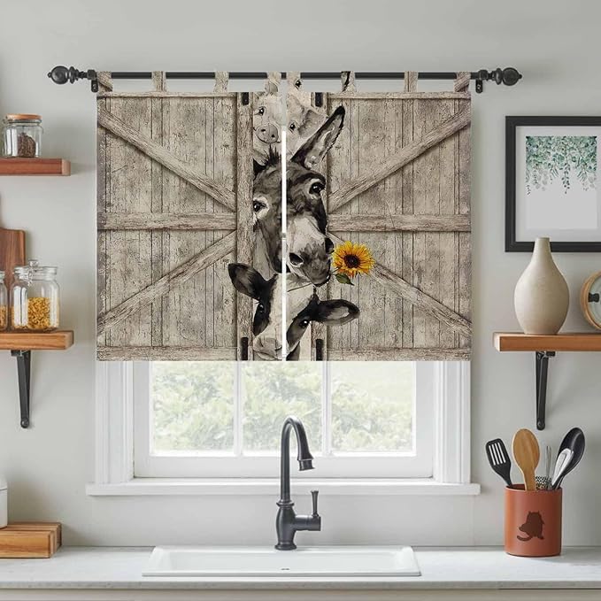Funny Farm Animals Kitchen Curtains 45 Inch Length, Short Cafe Window Curtains Tab Top, Vintage Barn Brown Sunflowers Light Filtering Window Treatments Tier Drapes 27.5"x45" 2 Panel