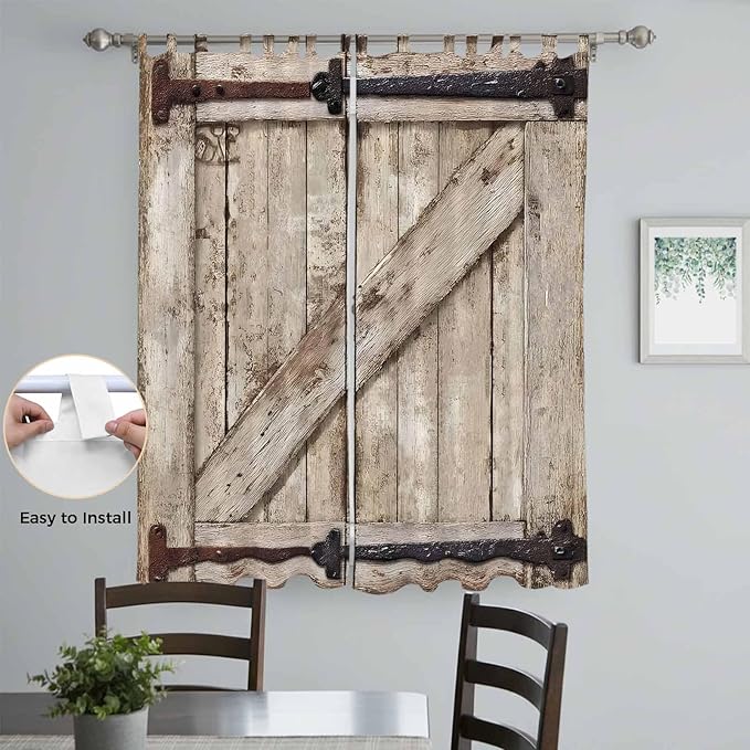 Farmhouse Wood Grain Living Room Curtains 96 Inch Length, Window Curtains Tab Top, Vintage Country Barn Gate Brown Light Filtering Window Treatments Drapes 52"x96" 2 Panel