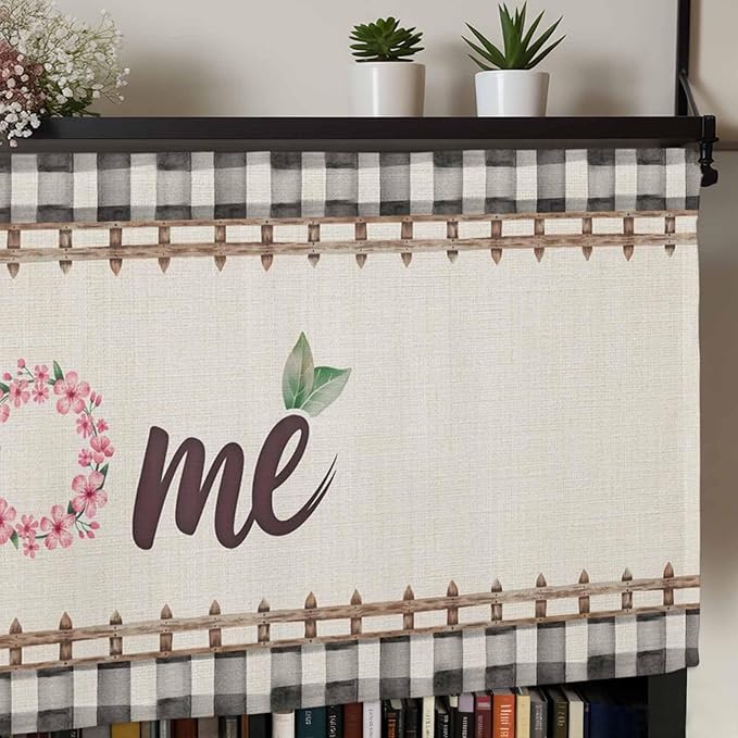 Spring Flowers Curtain Valances for Windows, Kitchen Valance Window Treatment, Vintage Watercolor Black Plaid on Linen Light Filtering Block Curtains for Bathroom/Bedroom/Living Room 54'' x 18''