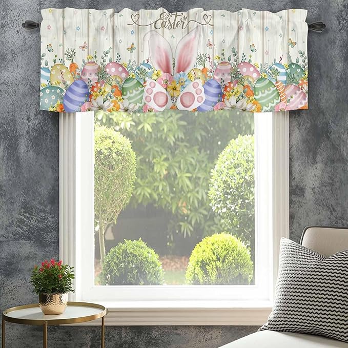 Happy Easter Curtain Valances for Windows, Kitchen Valance Window Treatment, Spring Colorful Eggs Rabbit Ear Feet Flowers Light Filtering Block Curtains for Bathroom/Bedroom/Living Room 42'' x 12''
