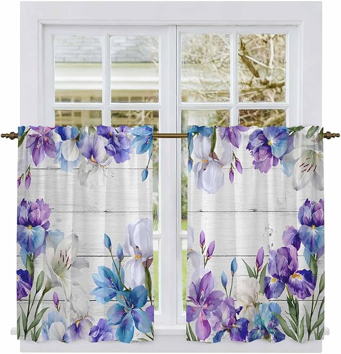 Spring Flowers Kitchen Curtains, Watercolor Garden Florals Wooden Grain Light Filtering Window Curtain Panels, 2Pcs Rod Pocket Window Treatments Set for Cabin Bathroom Bedroom 52x45 Inches