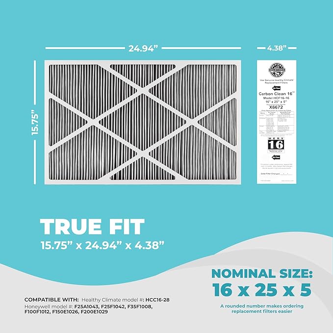 Lennox X6672 16x25x5 Furnace Filter, Lennox Healthy Climate Carbon Clean Merv 16 Home HVAC Air filter, 4 Pack with Cleaning Cloth