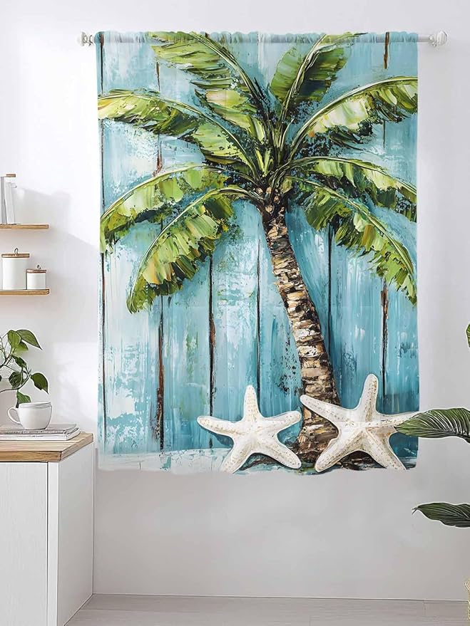 Sheer Curtains 72 Inches Long, Coastal Beach Starfish Semi Sheer Curtains Light Filtering Window Treatment, Blue Green Tropical Palm Tree Wood Grain Privacy Voile Drapes for Living Room 52x72 Inch