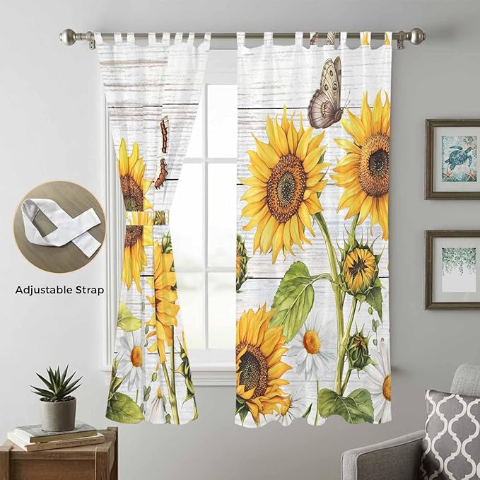 Yellow Sunflowers Living Room Curtains 84 Inch Length, Window Curtains Tab Top, Vintage Country Flowers Butterfly Wood Board Light Filtering Window Treatments Drapes 52"x84" 2 Panel