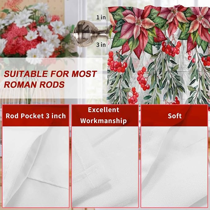 Poinsettia Berry Valance Curtains for Kitchen, Red Floral Winter Plants Vintage Wood Grain Privacy Rod Pocket Valance Curtain, Light-Filtering Window Treatment for Bedroom Bathroom, 60"x14"