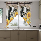 Retro Farmhouse Flower Swag Valances for Windows, Yellow Sunflowers Cow Barn Doors Brown Rod Pocket Kitchen Curtains Valance, Small Window Curtains Swag for Cafe Living Room, 2 Panels, 36x36 inch