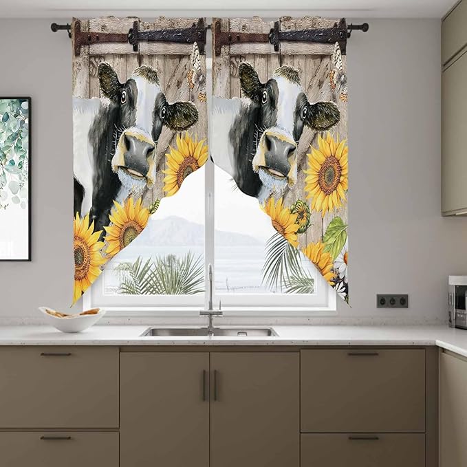 Retro Farmhouse Flower Swag Valances for Windows, Yellow Sunflowers Cow Barn Doors Brown Rod Pocket Kitchen Curtains Valance, Small Window Curtains Swag for Cafe Living Room, 2 Panels, 36x36 inch