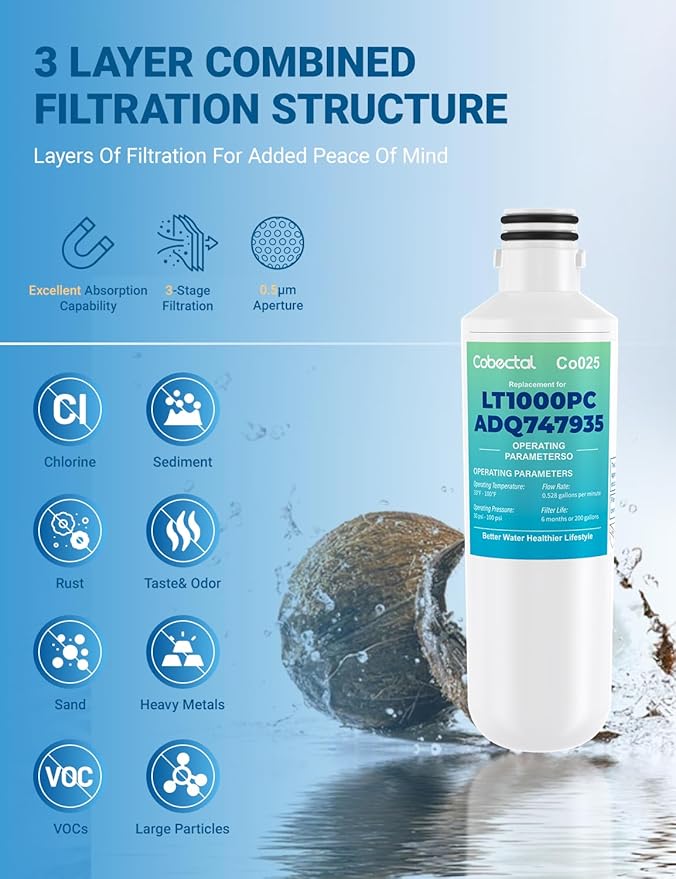 ADQ747935 Water Filter Replacement for LG LT1000P/PC/PCS ADQ74793501 ADQ74793502 MDJ64844601 LMXS28626S LRFLC2706S LFXS26973S LT-1000PC LFXC22526S LHFS28XBS LHFS28XBS Water Filter | 2pack | Cobectal