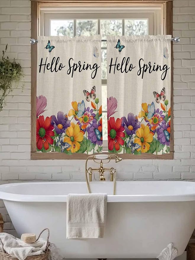 Spring Flowers Tier Curtains 45 Inches Long, Farmhouse Vintage Country Colorful Floral Window Treatment Curtain Drapes, Window Half Privacy Curtains for Bedroom Bathroom, 42"x45", 2 Panels