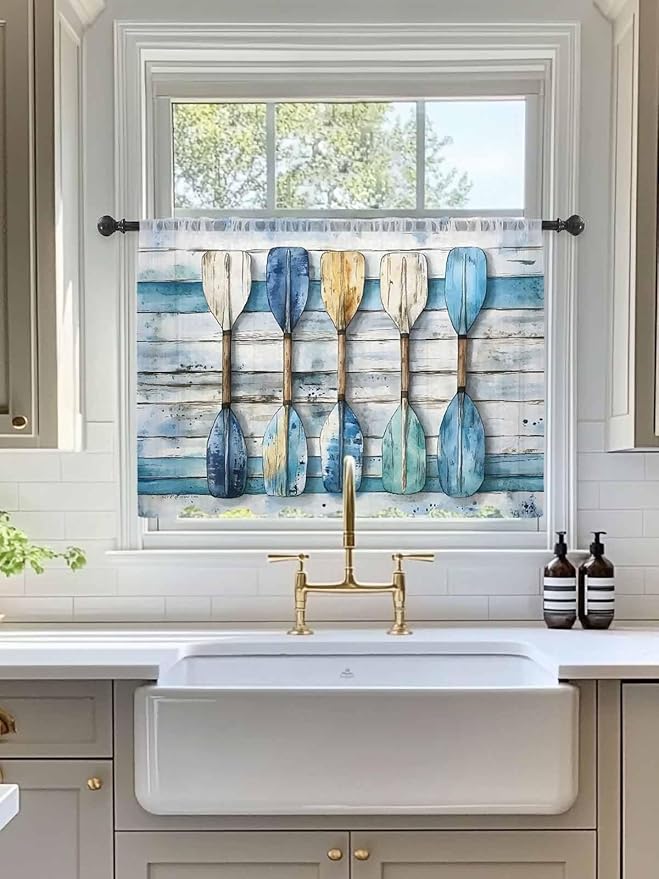 Sheer Curtains 54 Inch Length, Lake Paddle Striped Semi Sheer Curtains Light Filtering Window Treatment, Watercolor Vintage Wood Grain Privacy Voile Drapes for Living Room Bedroom 52x54 Inch