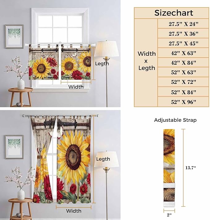 Sunflowers Living Room Curtains 96 Inch Length, Window Curtains Tab Top, Retro Flower Barn Doors Butterfly Farmhouse Brown Light Filtering Window Treatments Drapes 52"x96" 2 Panel