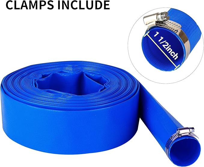 1-1/2" x 25 FT Pool Backwash Hose, Blue Heavy Duty Reinforced PVC Lay Flat Water Discharge Hose for Swimming Pool Filter Pump,with 2 Clamp