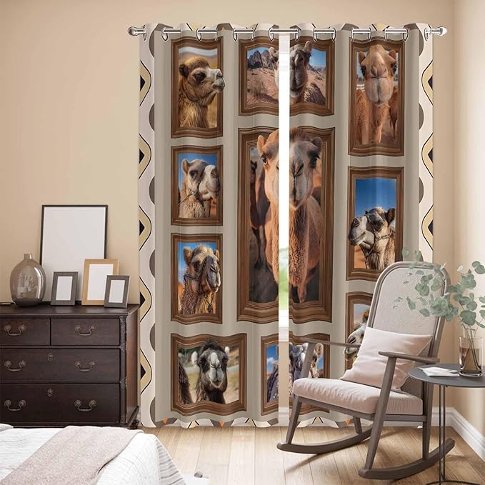 2 Panel Kitchen Cafe Curtains, Desert Camels Sunlight Filtering Nature Air Through, Home Decor Window Covering Tier Curtains for Living Room 104W x 96L inch Western Wildlife Brown Animals Country