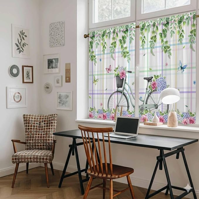 Spring Kitchen Curtains, Bicycles Botanical Leaves Rose Colorful Stripes Light Filtering Window Curtain Panels, 2Pcs Rod Pocket Window Treatments Set for RV Dining Room Study Room 42x54 Inches