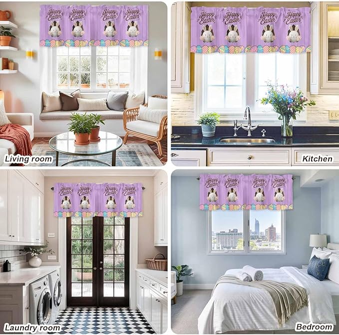 Purple Easter Curtain Valances for Windows, Kitchen Valance Window Treatment, Spring Cartoon Bunny Colorful Eggs Wood Grain Light Filtering Block Curtains for Bathroom/Bedroom/Living Room 60'' x 18''