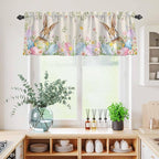 Kitchen Curtains Tiers and Valance Set of 3, Easter Light Filtering Window Curtain Set, Vintage Spring Bunny Eggs Farmhouse Floral Leaves Rod Pocket Curtain Drapes for Living Room, 36 Inches Tiers