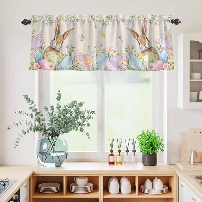 Kitchen Curtains Tiers and Valance Set of 3, Easter Light Filtering Window Curtain Set, Vintage Spring Bunny Eggs Farmhouse Floral Leaves Rod Pocket Curtain Drapes for Living Room, 36 Inches Tiers