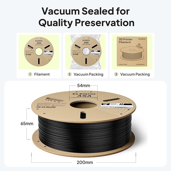 ELEGOO ASA Filament 1.75mm Deep Black 1KG, UV & Weather Resistant 3D Printer Filament for Outdoor Functional Parts, High Impact Strength Engineering Grad 1kg Spool (2.2lbs) Fit for FDM Printers