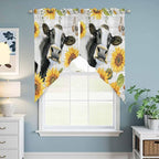Retro Farmhouse Floral Swag Valances for Windows, Yellow Sunflowers Cows Butterfly Wood Rod Pocket Kitchen Curtains Valance, Kitchen Window Curtains Swag for Cafe Living Room, 2 Panels, 36x63 inch