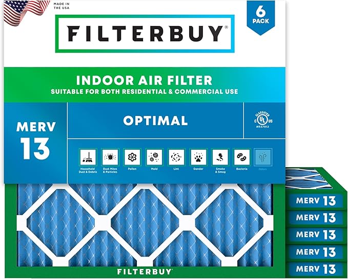 Filterbuy 22x22x1 Air Filter MERV 13 Optimal Smoke & Allergy Defense (6-Pack), Electrostatic Pleated HVAC AC Furnace Filters Replacement, Made in USA (Actual Size: 21.50 x 21.50 x 0.75)