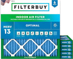 Filterbuy 11.25x11.25x1 Air Filter MERV 13 Optimal Smoke & Allergy Defense (6-Pack), Electrostatic Pleated HVAC AC Furnace Filters Replacement, Made in USA (Actual Size: 11.25 x 11.25 x 0.75)