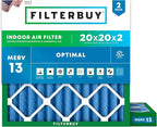Filterbuy 20x20x2 Air Filter MERV 13 Optimal Smoke & Allergy Defense (2-Pack), Electrostatic Pleated HVAC AC Furnace Filters Replacement, Made in USA (Actual Size: 19.50 x 19.50 x 1.75)