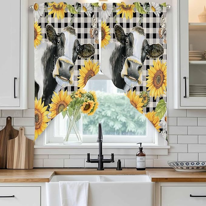 Retro Sunflowers Swag Valances for Windows, Farmhouse Floral Cow Butterfly Black Plaid Rod Pocket Kitchen Curtains Valance, Small Window Curtains Swag for Cafe Living Room, 2 Panels, 28x36 inch