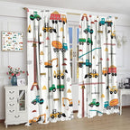 Construction Window Curtains, Kids Cartoon Construction Machines Building Hand Drawn Doodle Rod Pocket Decorative Windows Curtain for Children Teens Room Decor 72x63in (30% Blackout)