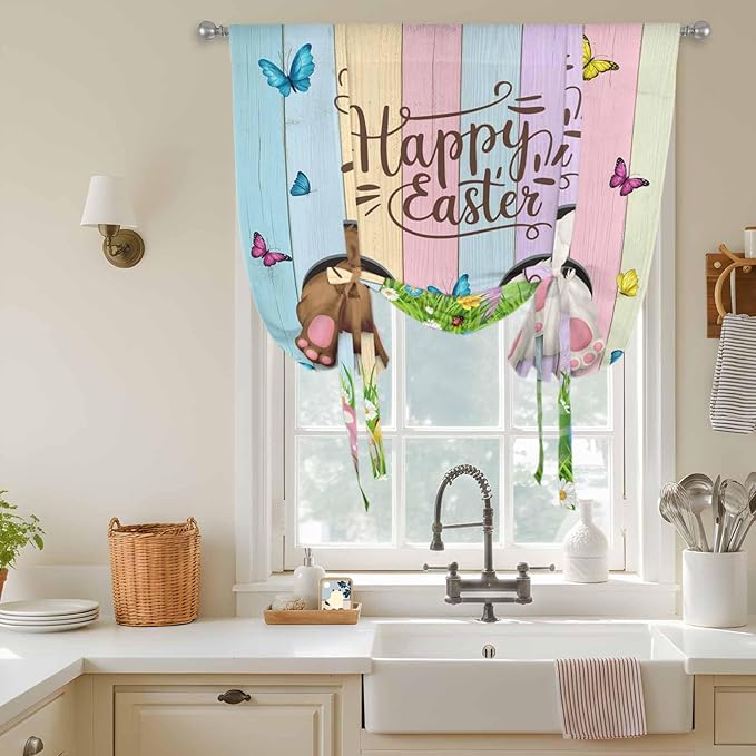 Tie Up Curtains,Happy Easter Rabbit Butt Egg on Daisy Leaf Adjustable Rod Pocket Window Shade Curtain Drape Bufferfly on Wood Barn Tie-Up Valance for Kitchen Bedroom Living Room Windows,42"x45"