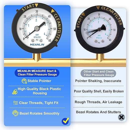 MEANLIN MEASURE 0~60Psi 1/4" NPT Start and Clean Filter Pressure Gauge, Suitable for Swimming Pool, Spa, Aquarium, Center Back Mount(Pack of 2), with 1/2" NPT and 3/8" NPT Hex Bushing