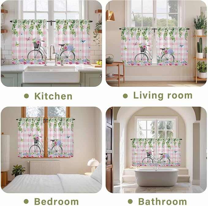Spring Kitchen Curtains, Bicycles Leaves Butterfly Flowers Pink Buffalo Plaid Light Filtering Window Curtain Panels, 2Pcs Rod Pocket Window Treatments Set for Cabin Bathroom Bedroom 52x45 Inches