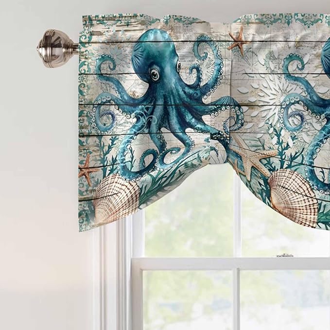 Sea Octopus Ocean Starfish Tie Up Valance Curtains,Nautical Anchor Vintage Wood Grain Kitchen Light Filtering Window Treatments with 3-inch Rod Pocket for Living Room,Bedroom,54x18In