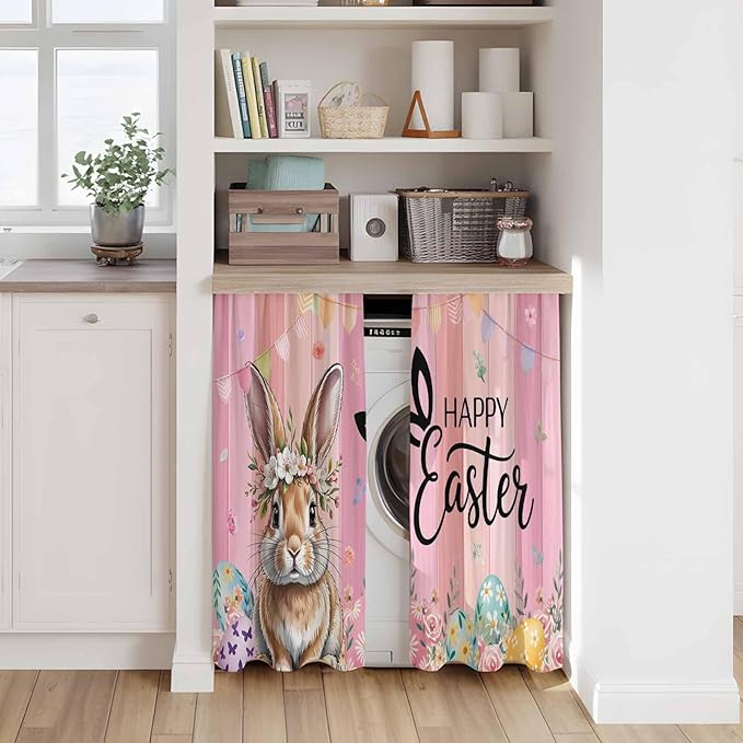 Easter Kitchen Curtains, Spring Rabbit Eggs Flowers Flags Leaves Wood Grain Light Filtering Window Curtain Panels, 2Pcs Rod Pocket Window Treatments Set for RV Dining Room Study Room 42x45 Inches