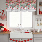 Poinsettia Berry Valance Curtains for Kitchen, Red Floral Winter Plants Vintage Wood Grain Privacy Rod Pocket Valance Curtain, Light-Filtering Window Treatment for Bedroom Bathroom, 54"x18"