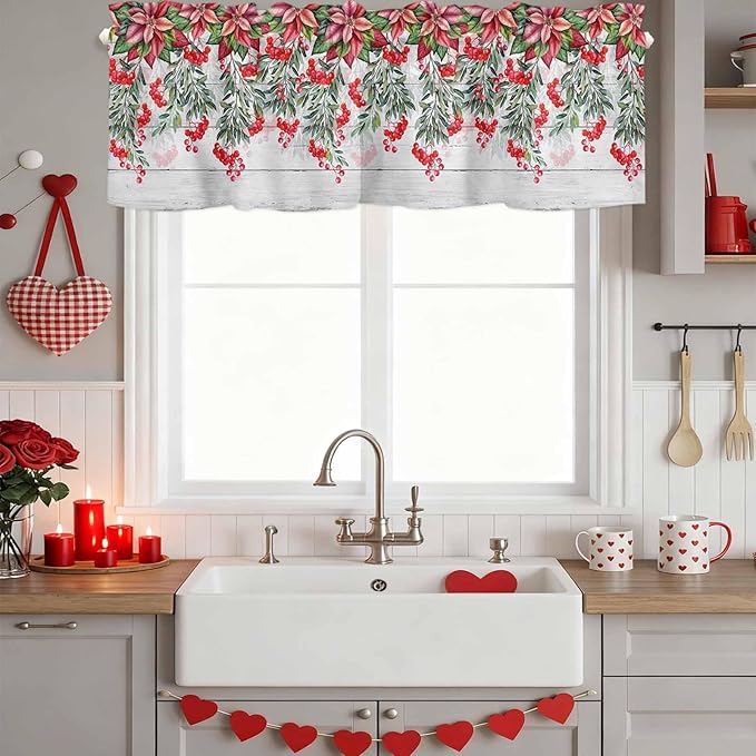Poinsettia Berry Valance Curtains for Kitchen, Red Floral Winter Plants Vintage Wood Grain Privacy Rod Pocket Valance Curtain, Light-Filtering Window Treatment for Bedroom Bathroom, 60"x18"