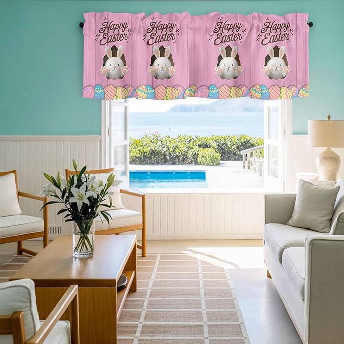 Pink Easter Curtain Valances for Windows, Kitchen Valance Window Treatment, Easter Bunny Eggs Spring Cartoon Farmhouse Wood Grain Light Filter Block Curtains for Bathroom/Bedroom/Living Room 42''x12''