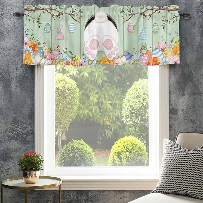 Easter Curtain Valances for Windows, Kitchen Valance Window Treatment, Spring Watercolor Bunny Eggs Wooden Grain Green Light Filtering Block Curtains for Bathroom/Bedroom/Living Room 54'' x 18''