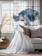 Sheer Curtains 63 Inch Length, Ocean Sea Turtle Semi Sheer Curtains Light Filtering Window Treatment, Coastal Seaweed Vintage Wood Grain Privacy Voile Drapes for Living Room Bedroom 52x63 Inch