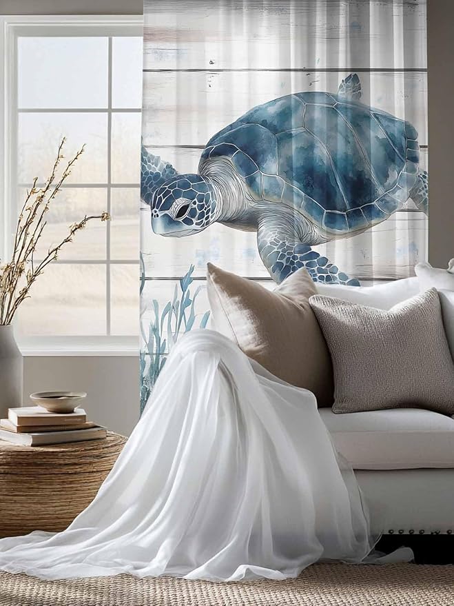 Sheer Curtains 72 Inches Long, Ocean Sea Turtle Semi Sheer Curtains Light Filtering Window Treatment, Coastal Seaweed Vintage Wood Grain Privacy Voile Drapes for Living Room Bedroom 52x72 Inch