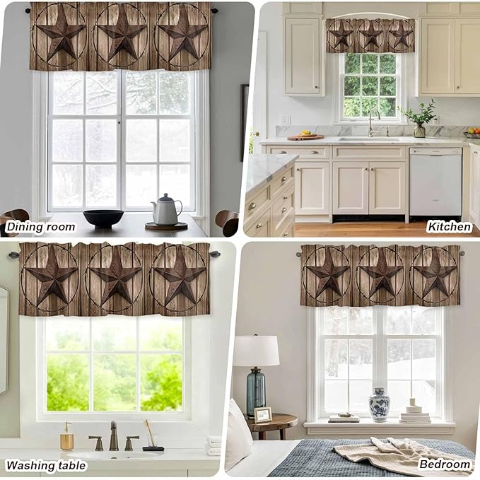 Vintage Texas Star Valances for Windows, Brown Wood Grain Wire Kitchen Valance Light Filtering Rod Pocket Short Curtains for Kitchen Bathroom, 1 Panel, 60"x18"
