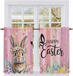 Easter Kitchen Curtains, Spring Rabbit Eggs Flowers Flags Leaves Wood Grain Light Filtering Window Curtain Panels, 2Pcs Rod Pocket Window Treatments Set for RV Dining Room Study Room 42x54 Inches